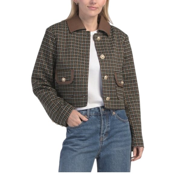 BAGATELLE COLLECTION Jackets & Blazers - BAGATELLE COLLECTION Jacquard Knit Jacket With Faux Leather Collar